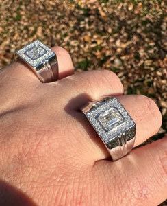 <b>Men's</b> Rhodium Plated Stainless Steel Cocktail <b>Ring</b> With Emerald Cut Cubic Zirconia Pave Setting Geometric Design Modern Style - Product Image 1