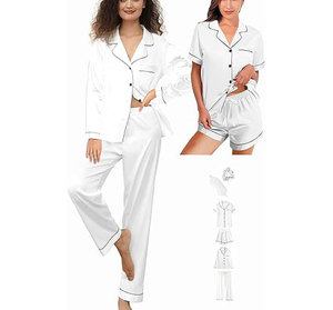 Conjunto de Pijama de Satén para Mujer, Manga Larga, Verde Sólido, Elegante, con Botones, Cuello Camisero, Cintura Media - Product Image 3