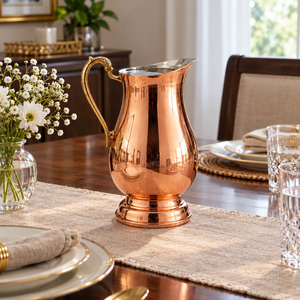 Carafe à eau artisanale en cuivre pur et lisse avec poignée en laiton ornée – Élégante carafe ayurvédique pour la table, vaisselle et articles de boisson - Product Image 2