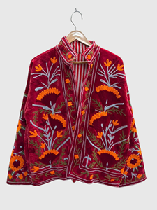 Plus Size Women's <b>Velvet</b> Jacket Mandarin Collar Floral Embroidery Autumn Prairie Chic Style - Product Image 1