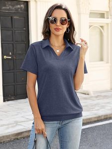 Women's <b>Navy</b> Blue Short Sleeve Solid Color Knitted Polo Shirt Casual Style Regular Length - Product Image 4