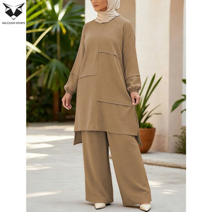 Latest Product Khaki Color <b>Modest</b> Track <b>Set</b> Women Layered Design Long Top and Palazzos Pants Muslim Formal Casual Wear - Product Image 3