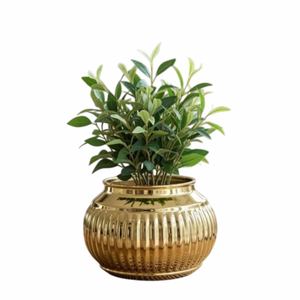 Maceta de Flores de Latón Chapada en Oro de Lujo con Planta Verde, Maceta de Escritorio Interior, Estilo Glamuroso Circular, Maceta Hecha a Mano - Product Image 1