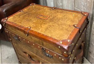Leather Trunk <b>Drawer</b> Cabinet Antique Storage Chest Wooden <b>Side</b> Table Brass Studded Furniture Home Decor Living Room Entry Hotel - Product Image 3