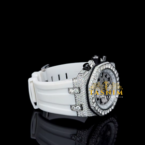 Montre Homme 45mm Entièrement Sertie de Diamants VVS, Bracelet Blanc en Acier Inoxydable, Mouvement Quartz, Cadran en Verre, Chronographe Sportif Simple - Product Image 2