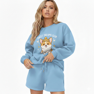 Ensemble décontracté femme hiver : Sweat-shirt et short 100% coton tricoté uni respirant coupe ample deux pièces – Vente en gros - Product Image 1