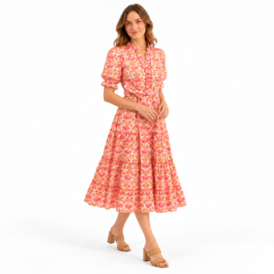 Women's Pink Floral Midi <b>Dress</b> Short Puff Sleeve V Neck Tiered Ruffle <b>High</b> <b>Waist</b> Vintage Summer Casual A-Line <b>Dress</b> - Product Image 2