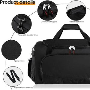 Sac de sport de grande capacité 600D avec bandoulière amovible, poche étanche, sac de voyage pour la gym, noir - Product Image 4