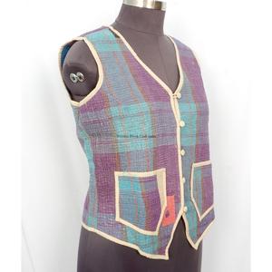 Elegant Handmade Eco-Friendly Breathable Cotton <b>Kantha</b> V-Neck Women's Waistcoat Winter Short <b>Jacket</b> Vest Button Closure - Product Image 3