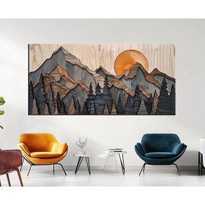 Art mural en bois superposé fait main, paysage de montagne sculpté, design contemporain, gris foncé/khaki, 70x50x5 cm, fabriqué en Inde - Product Image 1