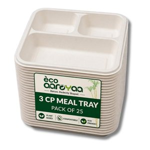 Arya Digital Bagasse 3 Compartment Meal <b>Trays</b> 32 oz Strong <b>Oil</b> & Water Resistant Disposable Plates for Home Hotel Commercial Use - Product Image 5