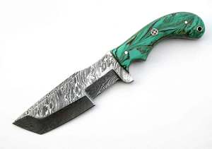 Cuchillo Tanto de Hoja Fija de Acero de Damasco Hecho a Mano para Camping y Uso en Exteriores con Mango de Resina Verde con Remolinos y Perno de Mosaico para Utilidad en Campo - Product Image 5