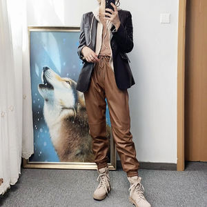 <b>Women's</b> PU <b>Harem</b> <b>Pants</b> Solid Color Elastic Waist Skinny Fit Ankle-Length Casual Style Spring Wear Flat Front Butt Lifting - Product Image 3