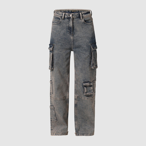 Jeans Cargo de Mezclilla para Mujer, Cintura Alta, Corte Holgado, Color Sólido, Lavado a la Piedra, Algodón, Casual, con Logotipo Personalizado - Product Image 1