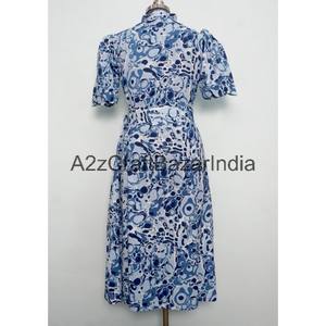 Robe midi trapèze en coton 100 % bio imprimée à la main pour femme, col en V, manches courtes, respirante et confortable pour le bureau - Product Image 6