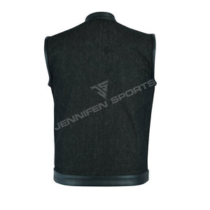 Custom Leather&Denim <b>Vest</b> <b>Black</b> Stitching Zipper Motorcycle Biker Men <b>Vests</b> With Multiple Pockets - Product Image 3