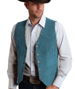 Chaleco de Negocios para Hombre, de Gamuza Dorada, Cuero y Lona Impermeable, Estilo Vintage Vaquero Occidental, Corte Regular y Ajustado - Product Image 3