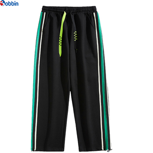 Man Trouser Stacked Sweatpants With Green And <b>White</b> Side Stripes Elastic Waist Drawstring Casual <b>Joggers</b> Breathable - Product Image 1