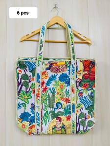 Sac fourre-tout matelassé en coton imprimé à la main indien, motif floral vintage écologique, pour usage quotidien, lavable, pour les courses - Product Image 2