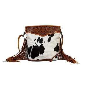 Genuine Cowhide Bohemian Animal Prints Western Shoulder Purse Hand Tooling Leather Vintage Zipper Closure Durable Winter Women's - Product Image 1