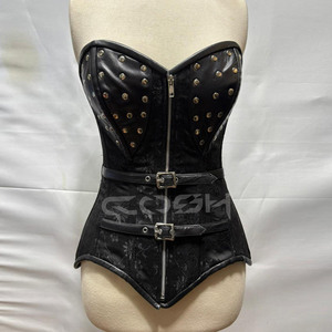 Corset noir en brocart pour femme avec bonnets en cuir véritable cloutés, fermeture éclair sur le devant et bretelles à double boucle - Product Image 2