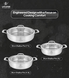 Ensemble de casseroles peu profondes haut de gamme en acier inoxydable 18/10, 6 pièces, corps robuste, poignées solides en acier inoxydable, couvercles en verre, compatible induction - Product Image 2