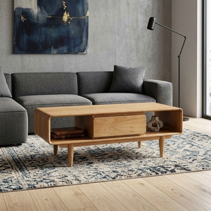 Meuble de salon en bois massif, style Mid-Century Modern, meuble central avec bordure arrondie en cascade et tiroir de rangement - Product Image 2