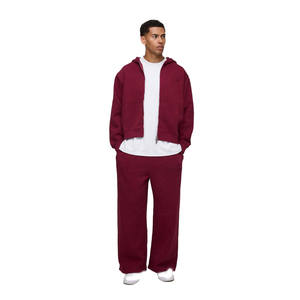 Ensemble survêtement homme bordeaux uni avec sweat à capuche zippé oversize et pantalon large assorti – Vêtements OEM ODM en gros - Product Image 1