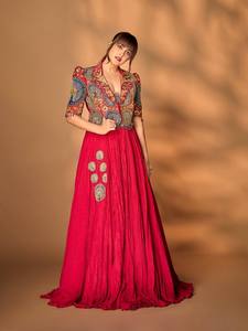 Red Embroidered Indian Pakistani Set <b>Long</b> Pleated <b>Skirt</b> Blouse Traditional Dress for Wedding Festival Wear - Product Image 1