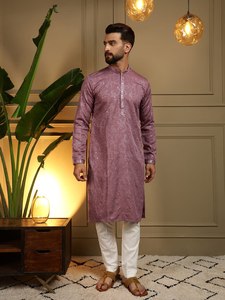 <b>Men's</b> Purple Silk <b>Kurta</b> With Glitter Print Regular Fit Ankle Length Traditional Indian Pakistani Wedding Wear - Product Image 1