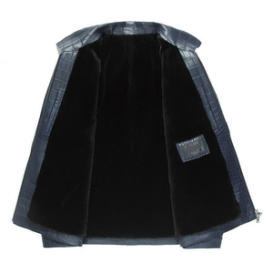 Veste en cuir PU noir pour homme, effet crocodile, col rabattu, fermeture éclair, coupe ajustée, style motard, pour l'automne - Product Image 3