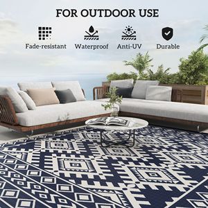 Tappeto da Esterno Reversibile Blu e Bianco con Bordo a Rombi 8FT X 10FT, Impermeabile in Plastica Intrecciata con Borsa per il Trasporto - Product Image 6