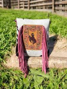 Women's Bohemian Summer Lightweight <b>Shoulder</b> <b>Sling</b> Fringes Bag Hand Tooling Florals Carved Horse Design White Hair Fur Crossbody - Product Image 2