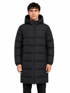 Men's Black Long Puffer <b>Jacket</b> Hooded Winter <b>Parka</b> Full Zip Quilted Down Style Coat Water Resistant Cold Weather Outerwear - Product Image 1