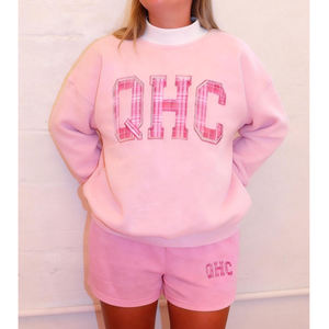 Sweat-shirt rose à col rond pour femme avec imprimé lettres QHC à carreaux, manches longues, en coton tricoté et fibre de bambou, pour l'automne, col montant - Product Image 5