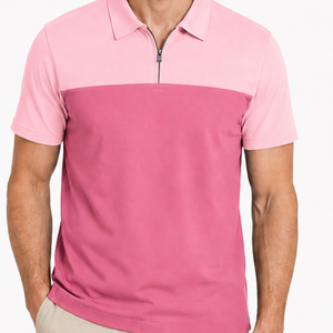 Camisas Polo Premium para Hombre en Bloques de Color Rosa Oscuro y Rosa Claro, Cuello Redondo con Cierre de Cremallera, Manga Corta, Corte Ajustado, Transpirables - Product Image 2