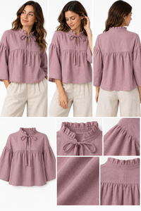 Chemisiers d'été en coton de haute qualité pour femmes, décontractés, à volants, avec nœud papillon, manches trois quarts, coupe ample, chic et bohème - Product Image 4