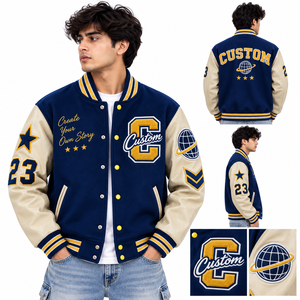 Veste de baseball bleue personnalisée pour homme avec lettre C et étoiles brodées, style preppy, pour l'automne - Product Image 5