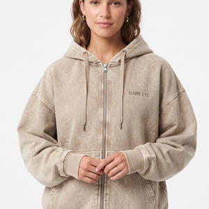 Sudadera con capucha beige oversize con hombros caídos y lavado ácido para mujer, al por mayor, de alta calidad, informal, con cremallera completa - Product Image 2