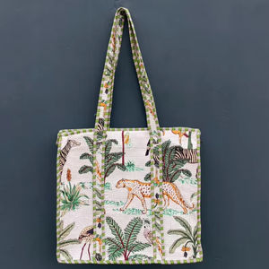 <b>Quilted</b> Cotton Tote Bag Jungle Print Boho Style - Product Image 1