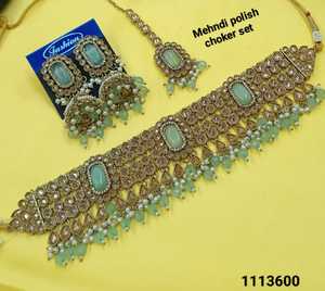 Antique Gold Mehndi Polish Jewelry <b>Set</b> 3 Pcs SeaGreen <b>Beads</b> Choker Necklace With Jhumka Maang Tikka Indian Wedding Jewelry Women - Product Image 1