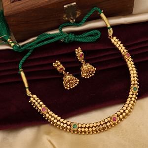 Traditional Antique Gold Plated Rope Chain Ruby <b>Choker</b> Necklace Set Jhumka Earrings <b>Women</b> Ethnic Indian Wedding Fashion Jewelry - Product Image 4