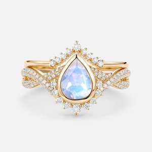 แหวนแต่งงานมูนสโตนธรรมชาติสุดหรู ดีไซน์วินเทจแบบอินฟินิตี้ ประดับเพชรแบบเบเซล ชุบทอง 14K - Product Image 1