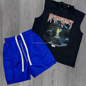 Conjunto personalizado de 100% algodón lavado ácido camiseta sin mangas y pantalones cortos para Hombres estilo callejero Vintage estampado DTG sin mangas para el verano - Product Image 4