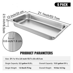 Set di 6 Vaschette per Buffet a Vapore Larghe 20,9 X 12,8 X 2,6 Pollici 8,5L Contenitori per Alimenti in Acciaio Inox Dimensione Standard Attrezzatura per Mantenimento Calore - Product Image 5