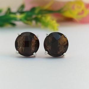 Natural Smoky Quartz Faceted Round Shape Gemstone <b>Earrings</b> 10mm Quartz Stone In 925 Sterling Silver Stud Stud <b>Earrings</b> For Women - Product Image 6