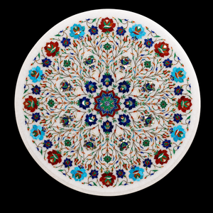 Assiette décorative de luxe en marbre blanc fait main avec incrustation de pierres semi-précieuses et miroir |   Décoration murale de mariage ronde polie en Pietra Dura - Product Image 1