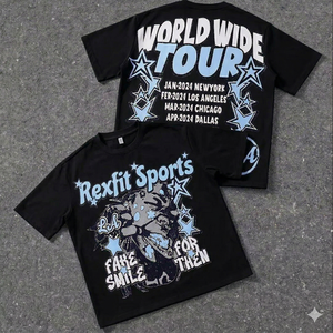 เสื้อยืดโอเวอร์ไซส์สีดำล้างสีแบบแอซิดวอช REXFIT SPORTS สำหรับผู้ชาย ผ้าฝ้าย สไตล์สตรีท คอกลม เสื้อยืดลำลอง - Product Image 1