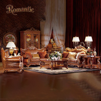 Set Sofa Mewah Eropa Antik Buatan Tangan untuk Ruang Tamu Villa & Hotel Bingkai Kayu Solid Berukir Hiasan Desain Kulit Elegan