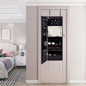 Specchio da parete in legno a 3 strati con 17 porta pennelli cosmetici interni, 8 luci LED blu e armadietti a specchio - Categoria prodotto: Scuro - Product Image 4